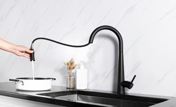 Touch sensor kitchen faucet with pull cord